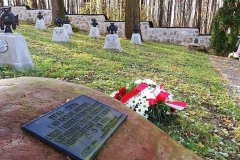 Pamiątkowa tablica przytwierdzona do dużego kamienia, w tle mogiły żołnierskie