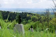 Kilka mogił żołnierskich na tle pagórków i pochmurnego nieba