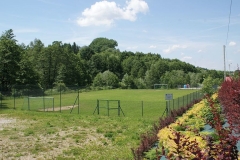 Ogrodzone boisko sportowe, obok gęsto rosnące drzewa