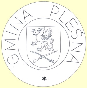 Okrągła pieczęć Gminy Pleśna, w środku herb z gryfem, na dole niewielka gwiazdka, dookoła napis Gmina Pleśna