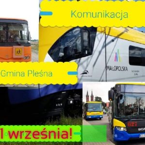 Kolaż zdjęć dwa autobusy miejskie i pociąg osobowy