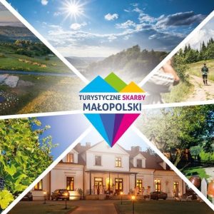 Kolaż zdjęć i logo Turystyczne Skarby Małopolski