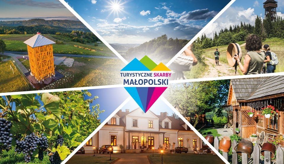 Kolaż zdjęć i logo Turystyczne Skarby Małopolski