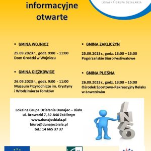 Żółty plakat z informacjami o spotkaniach