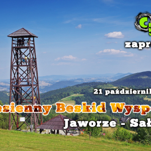 Zdjęcie przedstawia panoramę z wieżą widokową oraz wzgórzami Pasma Łososińskiego
