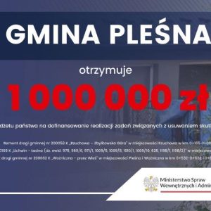Tablica informacyjna o kwocie 1 000 000 zł wsparcia dla Gminy Pleśna