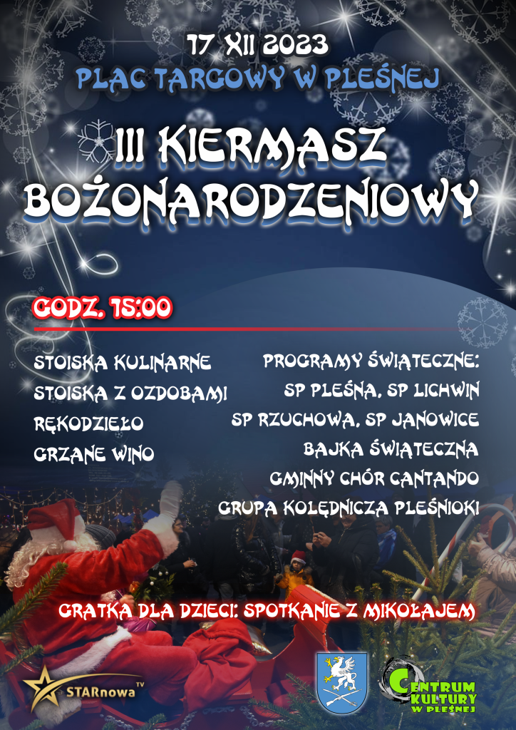 Tekst promujący wydarzenie na tle z motywem Świąt Bożego Narodzenia