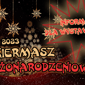 Zdjęcie przedstawia nazwę wydarzenia "III Kiermasz Bożonarodzeniowy" na tle ze śnieżynek i innych zimowych motywów