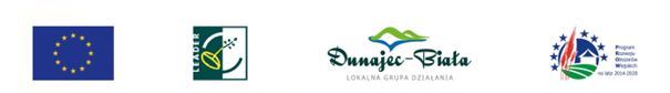 Logotypy Leader, LGD Dunajec-Biała, PROW i flaga Unii Europejskiej
