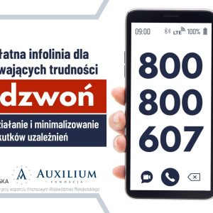 Plakat ze smartfonem, na którym wyświetla się numer infolinii