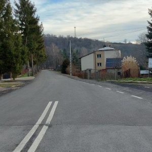 Fragment drogi asfaltowej, po obu stronach zabudowania mieszkalne i drzewa