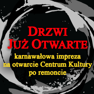 Napis "Drzwi Już Otwarte" na tle kilku nieregularnych okręgów