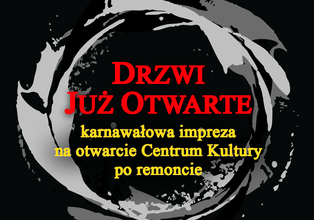 Napis "Drzwi Już Otwarte" na tle kilku nieregularnych okręgów