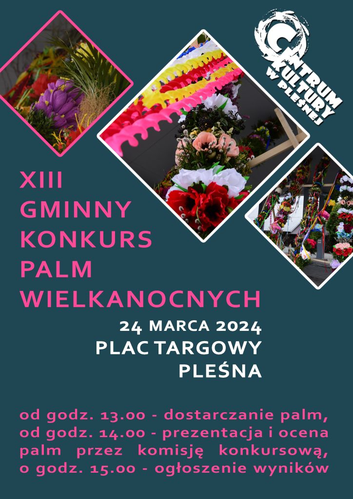 Zdjęcie przedstawia obrazki z palmami wielkanocnymi oraz tytuł konkursu.