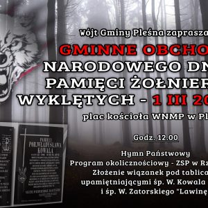 Tekst "Gminne Obchody Narodowego Dnia Pamięci Żołnierzy Wyklętych" na tle lasu. Po lewej stronie podobizna wilka oraz dwie tablice pamiątkowe.
