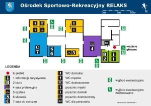 Mapa ośrodka. Na górze napis "Ośrodek Sportowo-Rekreacyjny Relaks". W środku plan ośrodka z zaznaczonymi pomieszczeniami. Na dole legenda.