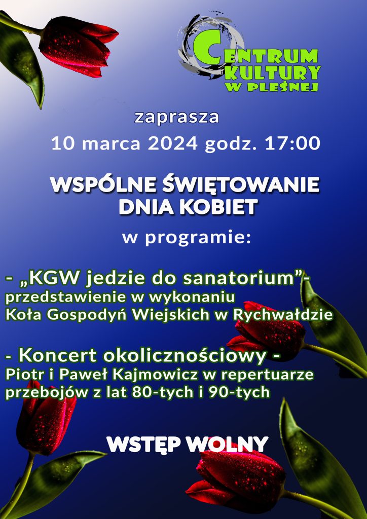 Tekst na niebieskim tle. W rogach zdjęcia widnieją czerwone tulipany.
