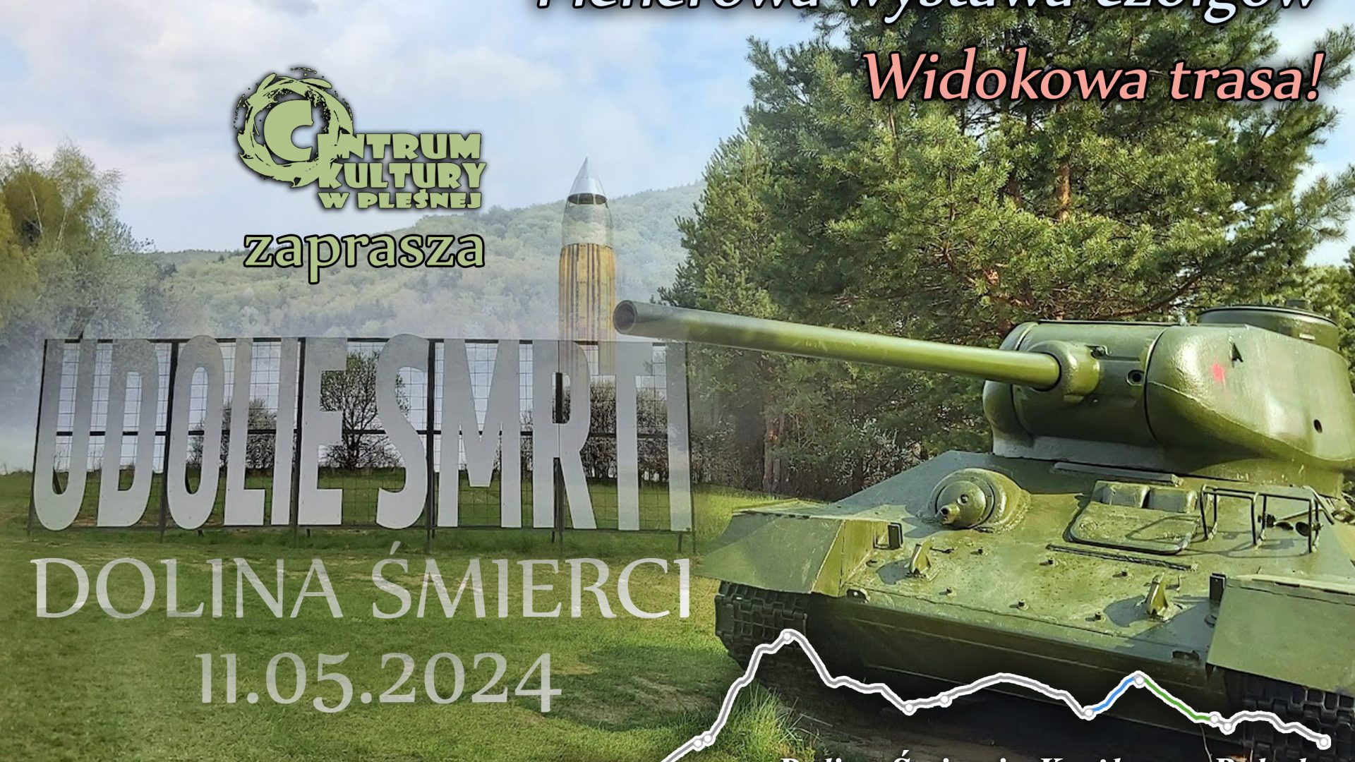 Duży napis "Dolina Śmierci". W tle po prawej stronie czołg, po lewej górski krajobraz.