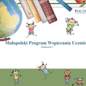 Bawiące się dzieci, u góry globus i książki.