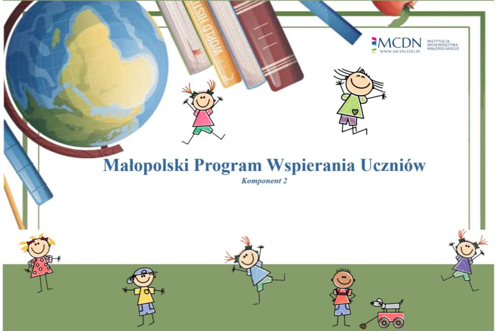 Bawiące się dzieci, u góry globus i książki.