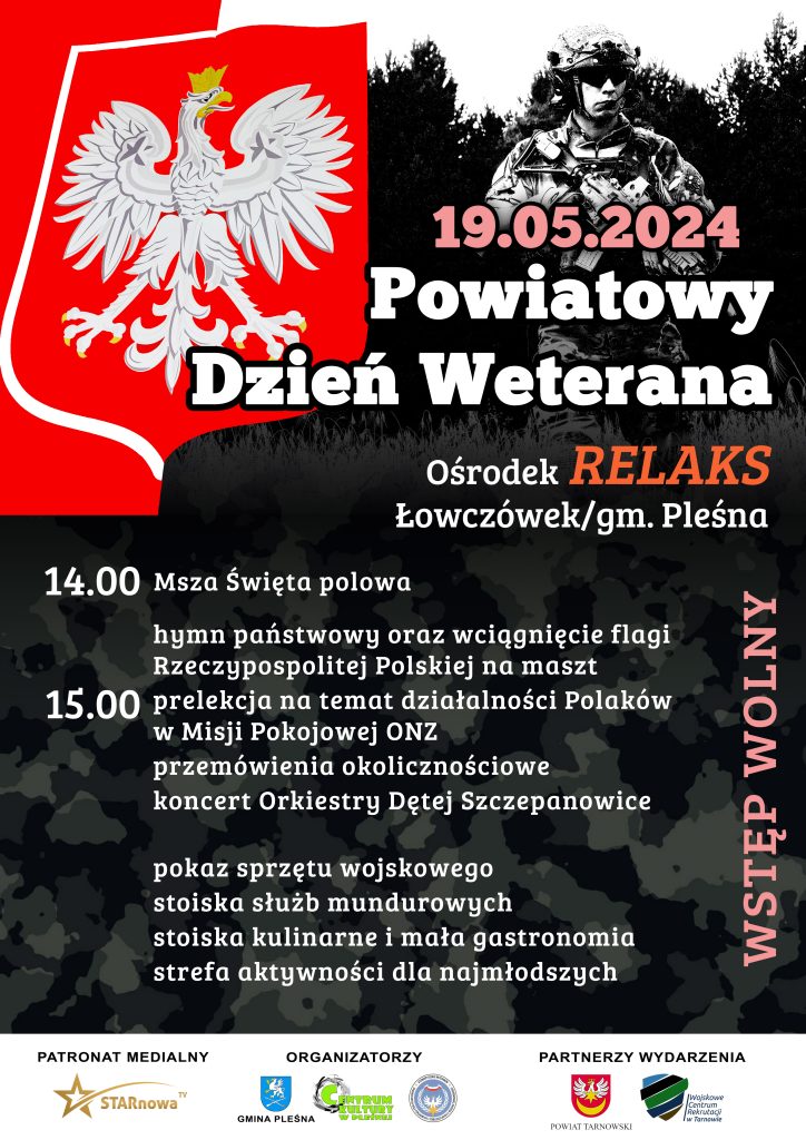 Plakat wydarzenia pod nazwą "Powiatowy Dzień Weterana". Szczegóły na temat wydarzenia powyżej.