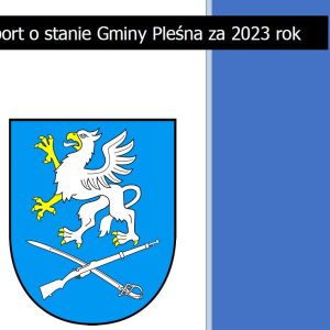 Fragment okładki raportu o stanie Gminy Pleśna za 2023 rok z herbem gminy
