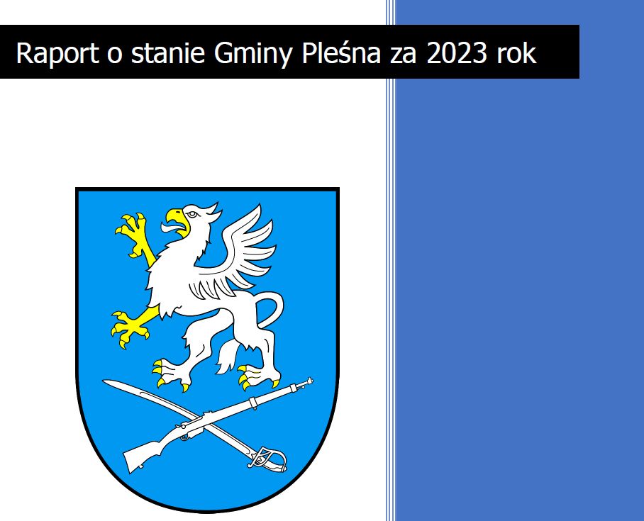 Fragment okładki raportu o stanie Gminy Pleśna za 2023 rok z herbem gminy