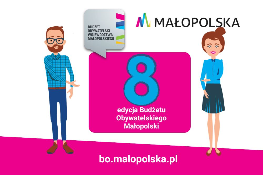 Mężczyzna i kobieta wskazują na liczbę 8, informującą o kolejnej edycji Budżetu Obywatelskiego Małopolski