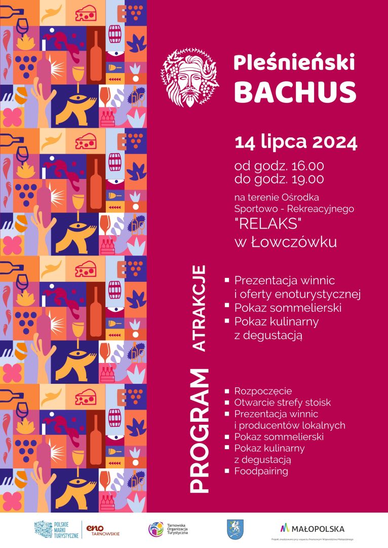 Czerwony plakat promujący wydarzenie "Pleśnieński Bachus"