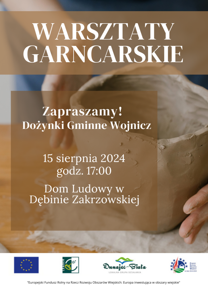 Napis "Warsztaty garncarskie" na tle glinianego naczynia