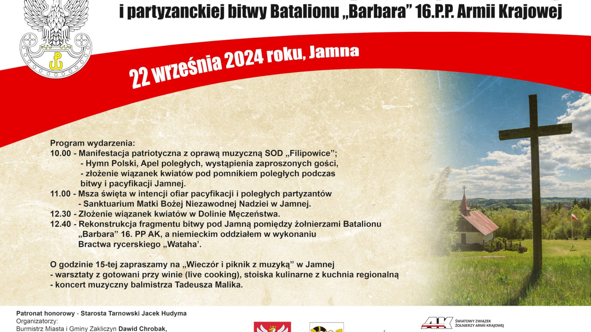 Program uroczystości, w lewym górnym rogu herb z orłem, po prawej krzyż drewniany na tle kościoła