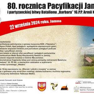 Program uroczystości, w lewym górnym rogu herb z orłem, po prawej krzyż drewniany na tle kościoła