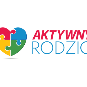 Logo programu Aktywny Rodzic, serce złożone z czterech puzzli w kolorach czerwonym, niebieskim, zielonym i żółtym.