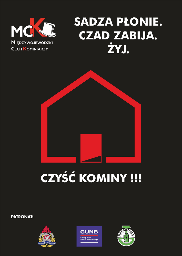 Czarny plakat z czerwonym obrysem budynku informujący o konieczności czyszczenia kominów