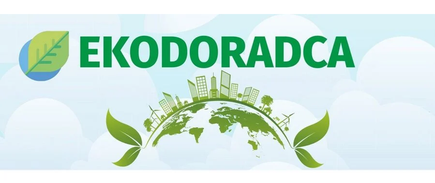 Zielona półkula Ziemi na tle błękitnego nieba, u góry zielony liść i napis "ekodoradca"