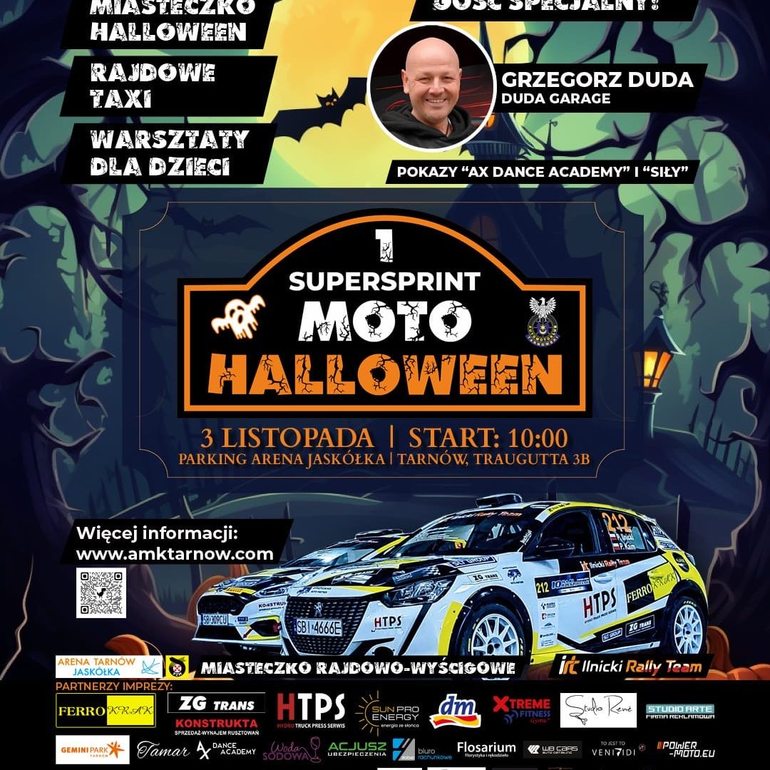 Plakat promujący imprezę Moto-Halloween, na środku dwa samochody rajdowe