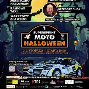 Plakat promujący imprezę Moto-Halloween, na środku dwa samochody rajdowe