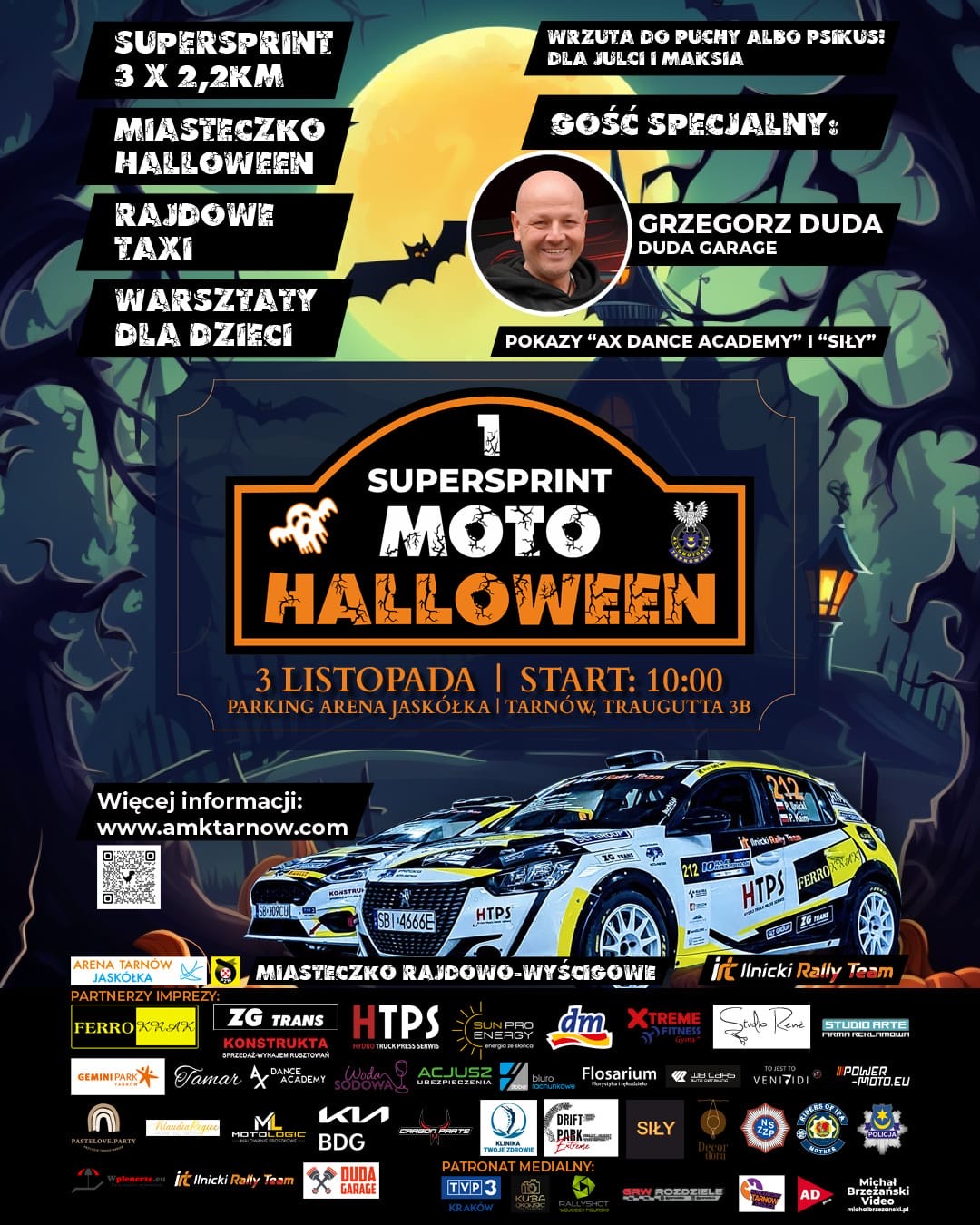 Plakat promujący imprezę Moto-Halloween, na środku dwa samochody rajdowe