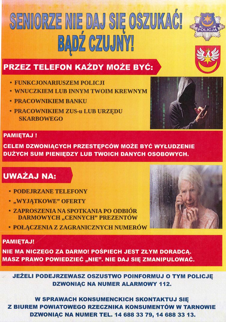 Plakat dla seniorów z informacjami o oszustwach