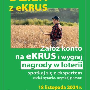 Zielony plakat informujący o loterii, na środku kobieta w koszuli w kratę stoi pośród zboża trzymając w ręku laptopa