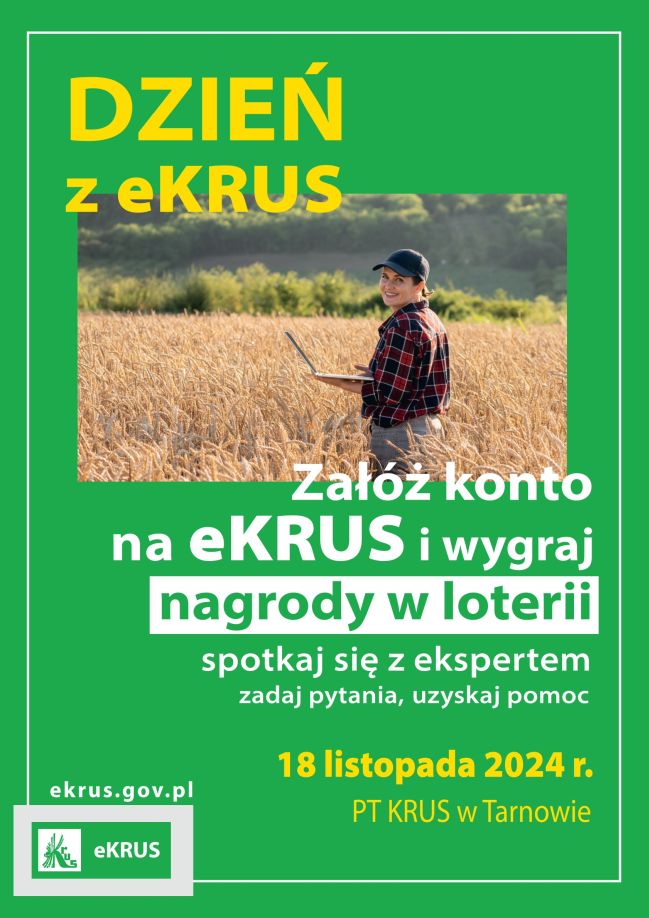Zielony plakat informujący o loterii, na środku kobieta w koszuli w kratę stoi pośród zboża trzymając w ręku laptopa