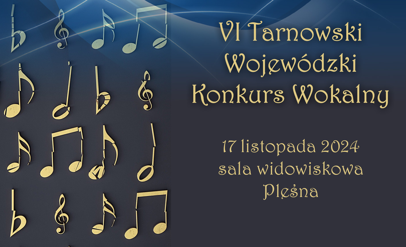 Żółty napis na niebieskim tle. Po lewej stronie graficznie przedstawione nuty.