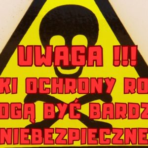 Żółty znak z czaszką z informacją o środkach ochrony roślin