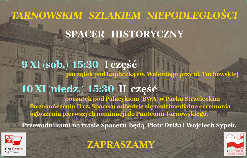 Informacja o programie spaceru na tle starej zabudowy Tarnowa