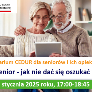 Para seniorów siedząca na kanapie przegląda informacje na tablecie