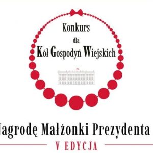 Czerwone korale, w środku informacja o konkursie i miniatura pałacu prezydenckiego