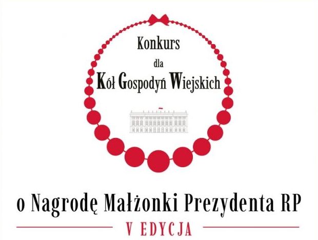 Czerwone korale, w środku informacja o konkursie i miniatura pałacu prezydenckiego