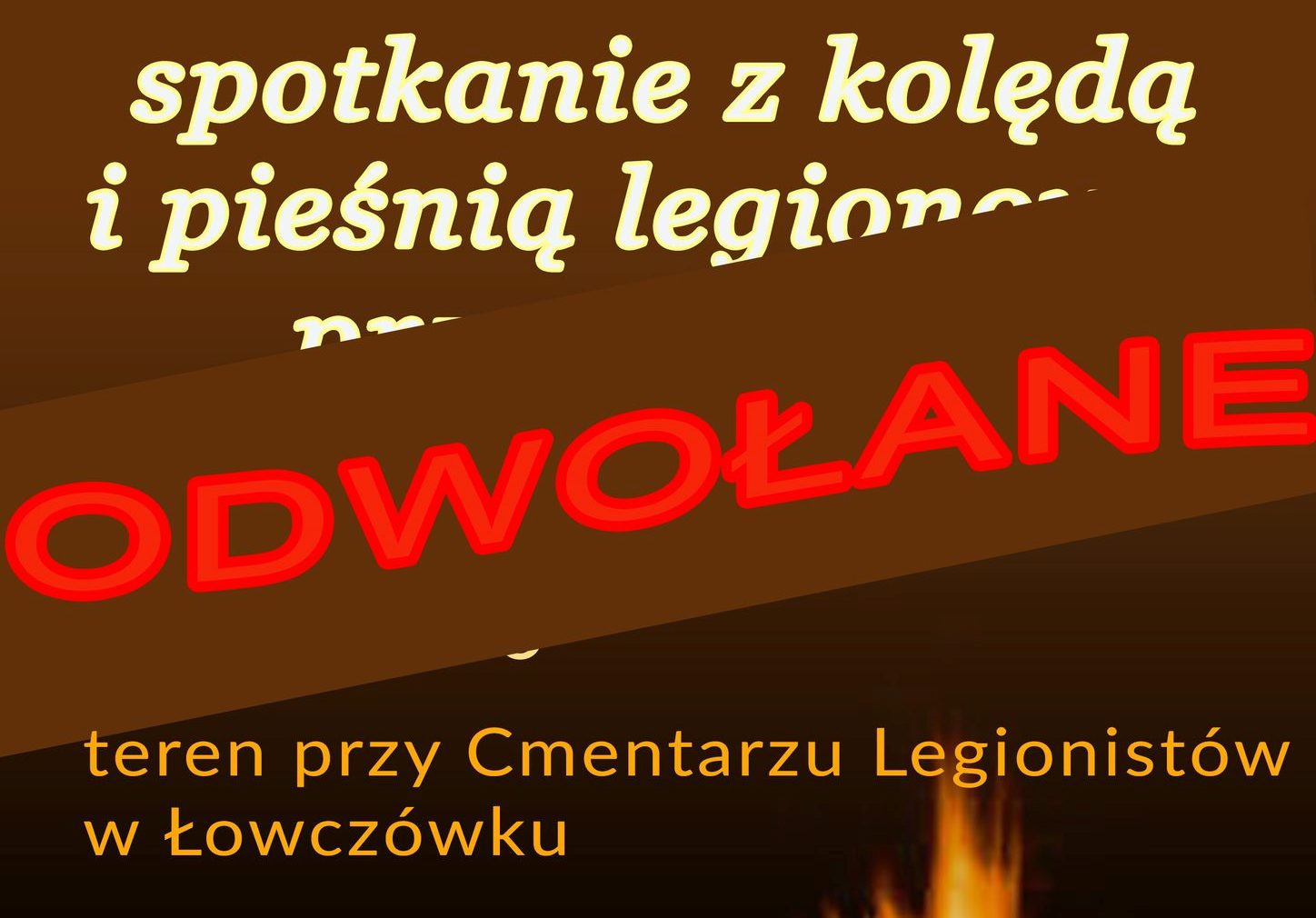 Duży czerwony napis "ODWOŁANE" na brązowym i czarnym tle.