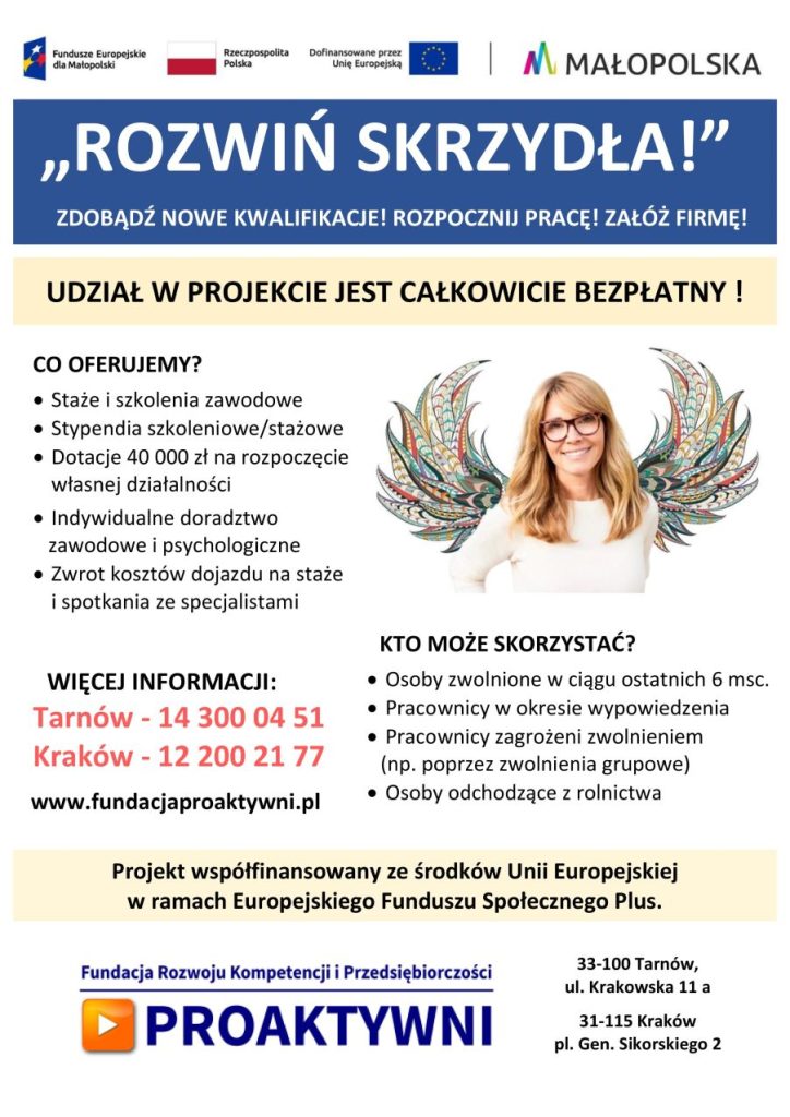 Plakat informacyjny, pośrodku kobieta w okularach z dorysowanymi kolorowymi skrzydłami