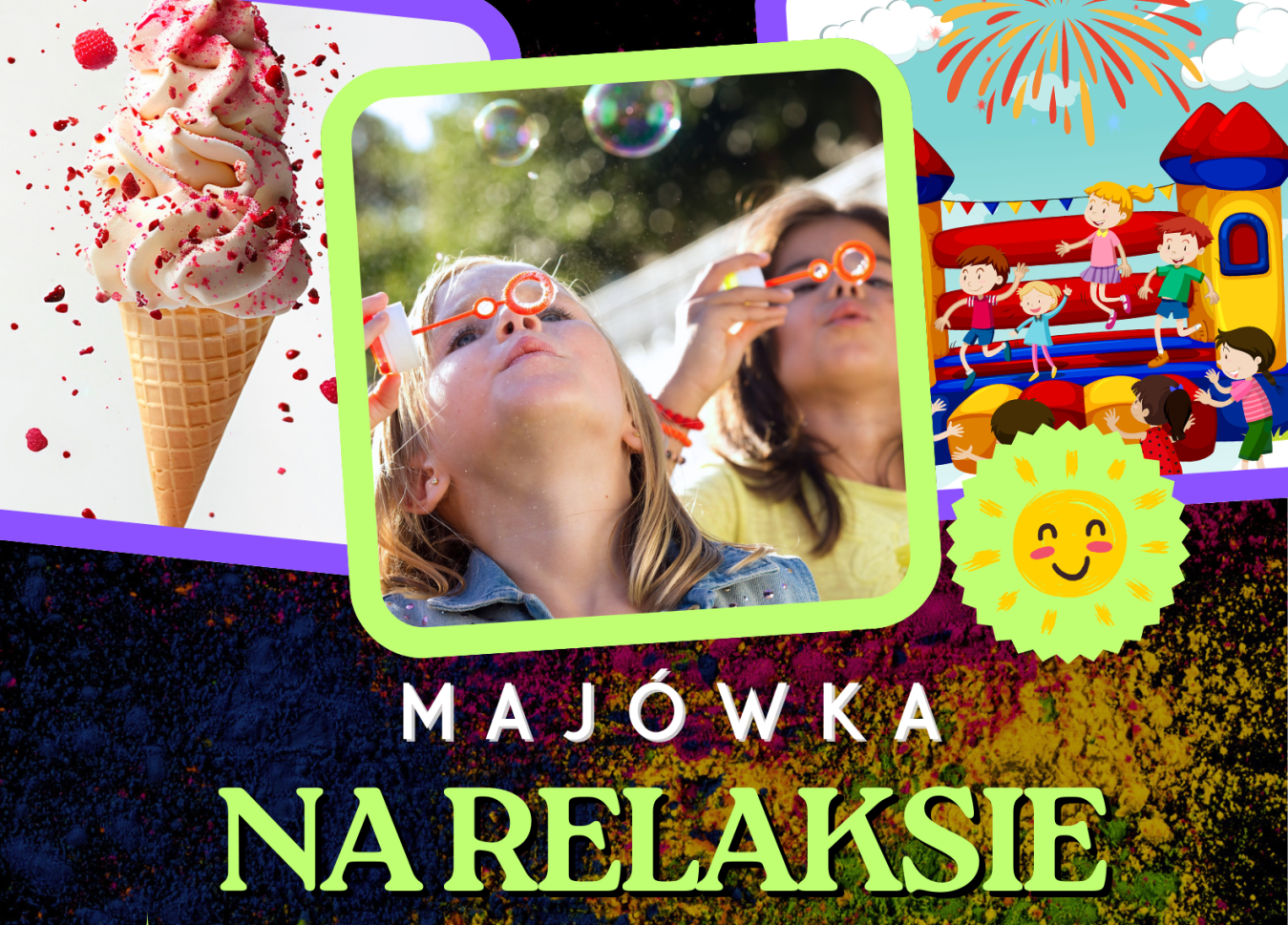 Baner informujący o majówce rodzinnej na terenie Ośrodka "Relaks". Szczegóły w artykule.